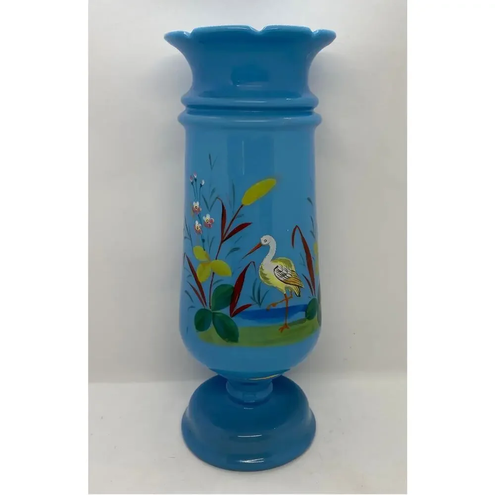 Late 19th Century Victorian Bristol Blue Glass Hand Painted and Enameled Vase